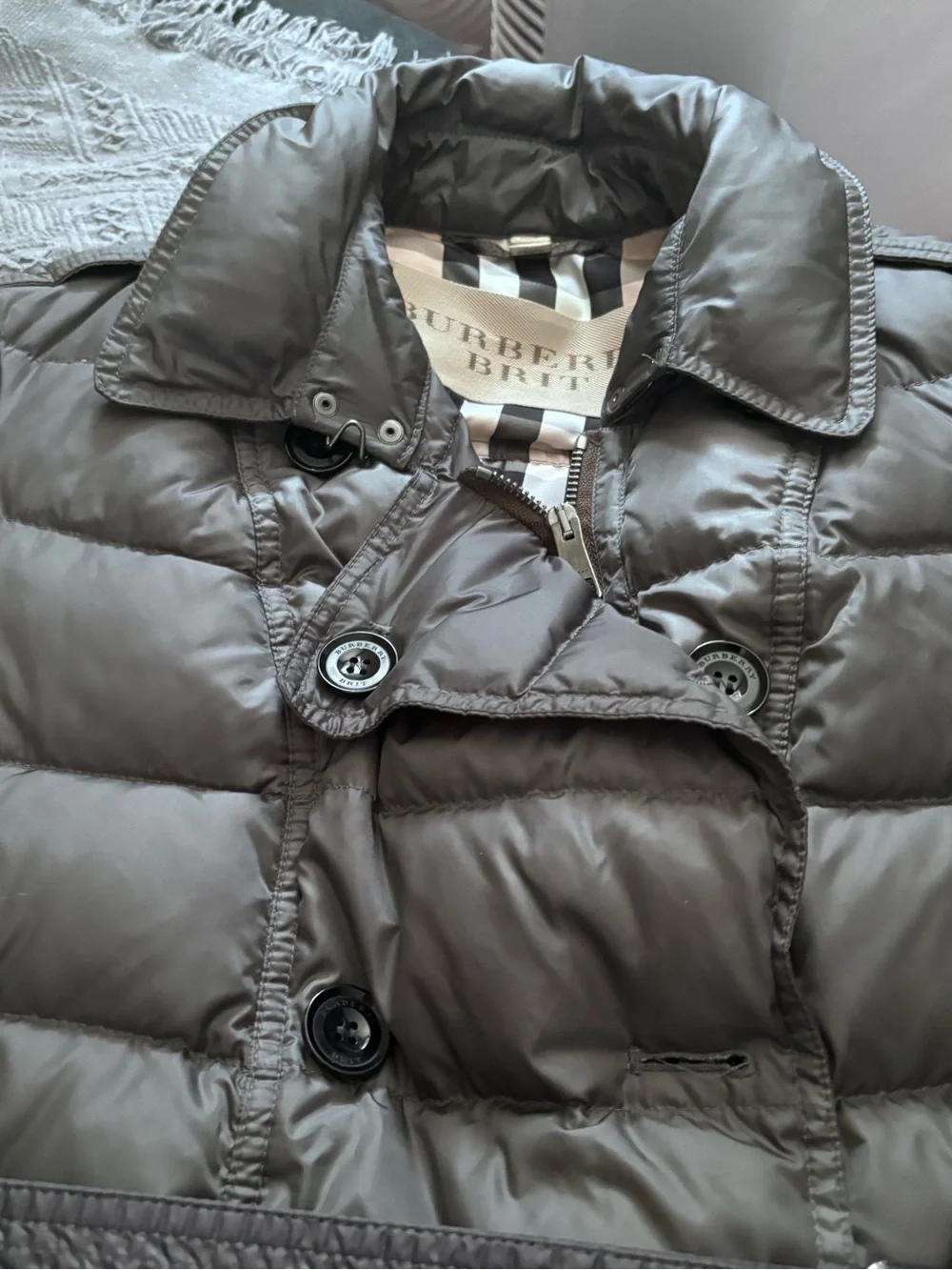 Burberry Brit Belted Down Puffer Trench Coat Nova Check Lined Gray XL 44 - Picture 3 of 11
